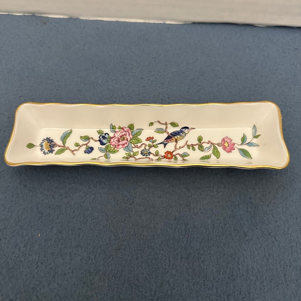 Aynsley Pembroke Bone China Trinket Dish Bird Floral Gold Trim Rectangular Tray